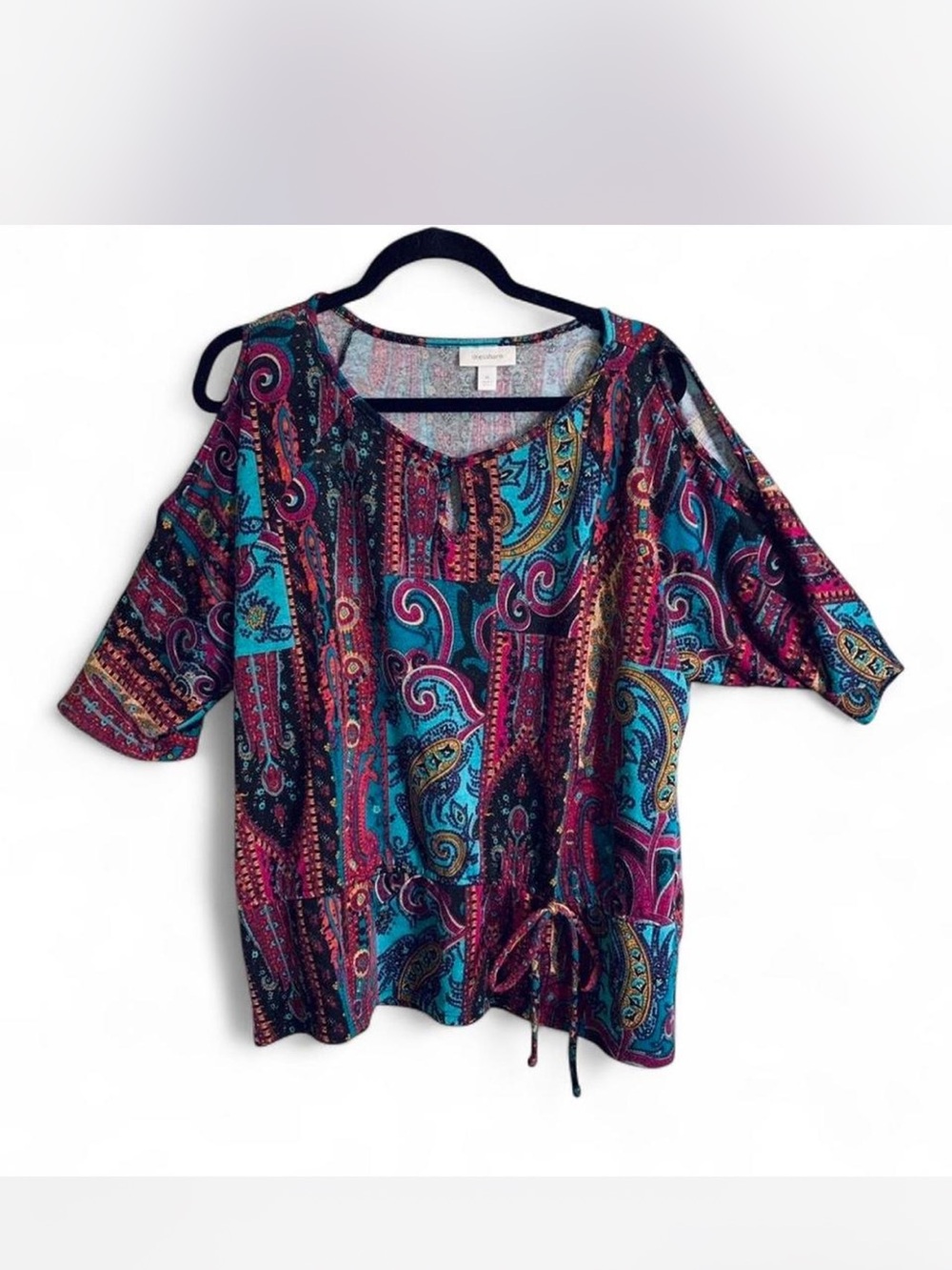 Cottagecore Boho dressbarn Teal & Magenta Paisley Cold-Shoulder Blouse size XL